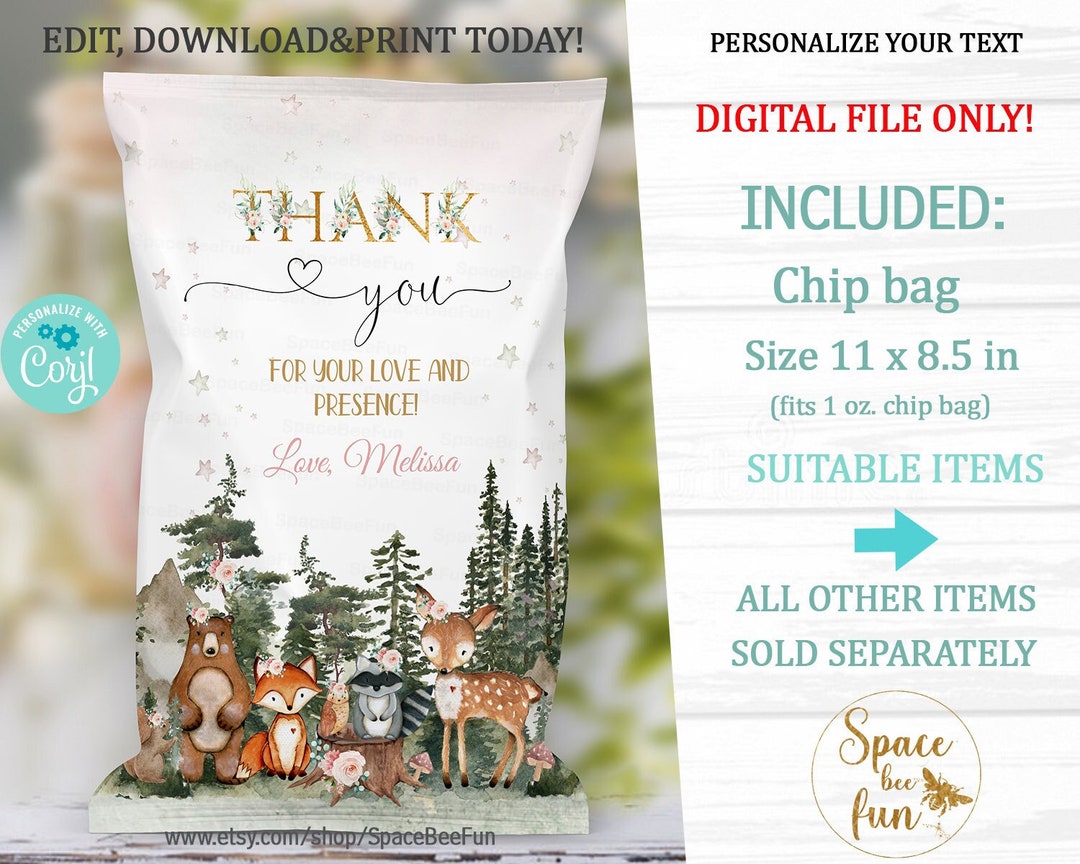 Woodland Chip Bag Template Gil Birthday EDITABLE Woodland Animal Party