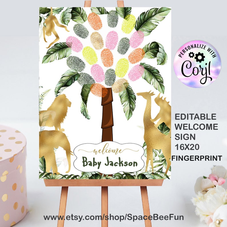 Editable Safari Animals Baby Shower Fingerprint Guestbook Thumbprint Jungle Guest Book Tree Jungle Wild One Gold invite Template Printable image 1