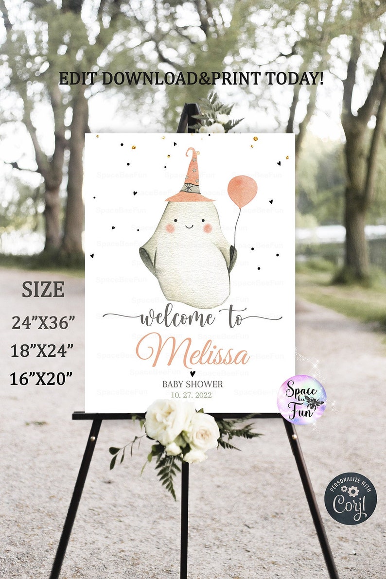 Editable Halloween Baby Shower Welcome sign Decorations centerpiece Boho A Little Boo Balloons Baby Shower Instant Download B3 画像 1