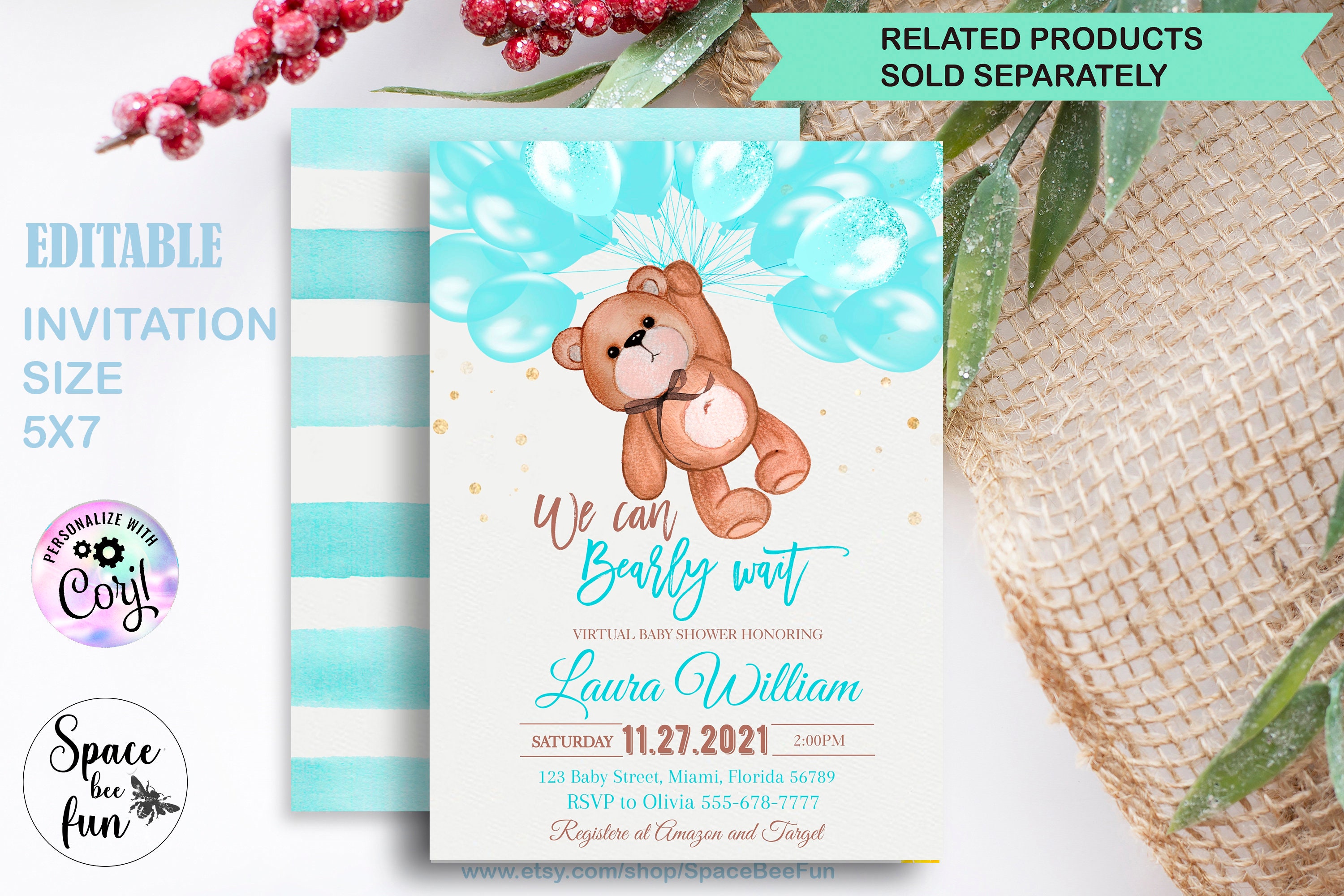 EDITABLE Zoom Background Baby Shower Boy Bear Virtual Baby Etsy