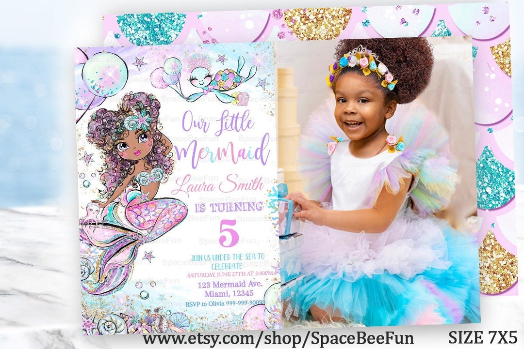 Editable Black Mermaid Birthday Invitation With Photo Afro Girl Mermaid