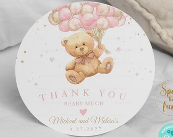 Teddy Bear Hot Air Balloon Centerpiece Baby Shower Girl We Can Bearly Wait Thank You Favor Gift Tag Favor Round Sticker Decor Editable B1