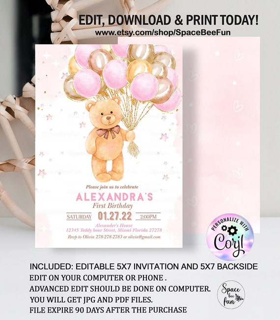Editable Teddy Bear Birthday Invitation Girl 1st Birthday Bear Party Bear Themed Invite with Balloons Invitations Printable download B1 Il_570xn