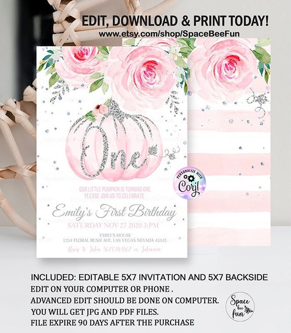 Editable Pumpkin First Birthday Invitation Little pumpkin Fall Autumn 1st Birthday Invites Winter Printable template Instant download 08 Il_570xn