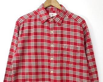 Great Cozy 100% Cotton Vintage 90's J.Crew Plaid / Checkered Collared Button Up Long Sleeved Flannel Shirt Red White JCrew Oversized MEDIUM