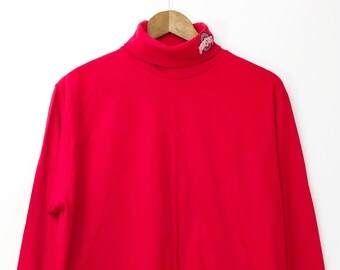 Nice Vintage 90's Bright Red Ohio State University Osu Buckeyes Embroidered Turtleneck Pullover Long Sleeved T-shirt Made in the USA LARGE
