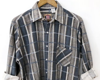 Unique Crisp Soft Vintage 80's 90's Made in the USA Blue White & Black Plaid Checkered Cotton Flannel Collared Button Up Down Shirt LARGE
