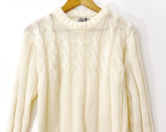 Soft Classic Well Worn Off White Cream Vintage 70's 80's 100% Virgin Acrylic Cable Knit Women's Crewneck Pullover Sweater Fits Like 8 MEDIUM