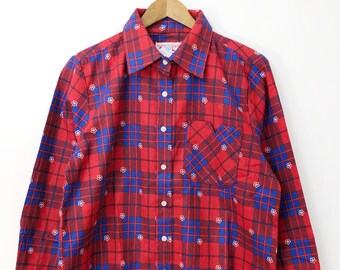 Unique Fun Never Worn Deadstock Women's Vintage 80's 90's American Sweetheart Crisp Collared Blue White Red Button Down Flannel Shirt LARGE