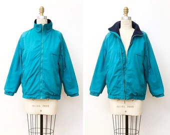 Cozy Well Worn & Weathered Vintage 90's 00's Eddie Bauer Blue Green Teal Navy Full Zip Polar Fleece Lined Winter Jacket Coat Women's SMALL