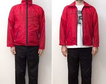 Fun Vintage 70's 80's Lightweight Red & Navy Blue Full Zip Up Flared Collared 100% Nylon Windbreaker Track Warmup Jacket Winning Ways LARGE