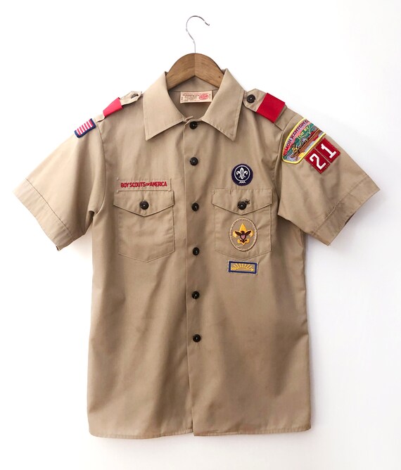 Vintage Boy Scout Uniform Shirt Halloween Costume 90s Utilitarian 1990s Grunge Top Cub Patches Blue Youth Large Womens Small Medium