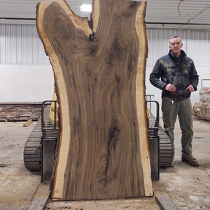 May include: A large, raw, live edge wood slab with a natural, dark brown grain pattern. The slab is supported by a yellow machine. The edges of the wood have a lighter color. The wood slab is approximately 10 feet tall.