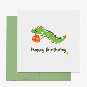 Cartão de aniversário engraçado e fofo com dragão | Cartão de aniversário | Imprimir em casa | Cartão de felicitações para impressão | Cartão de aniversário quadrado