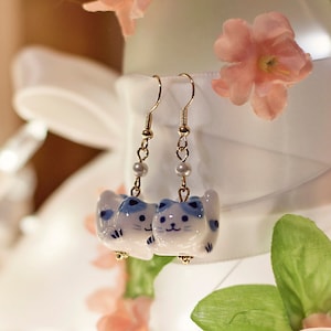 Kawaii Blue Flying Neko Earrings, porcelain cute cat & pearl earrings, lucky cat earrings, japanese cat earrings