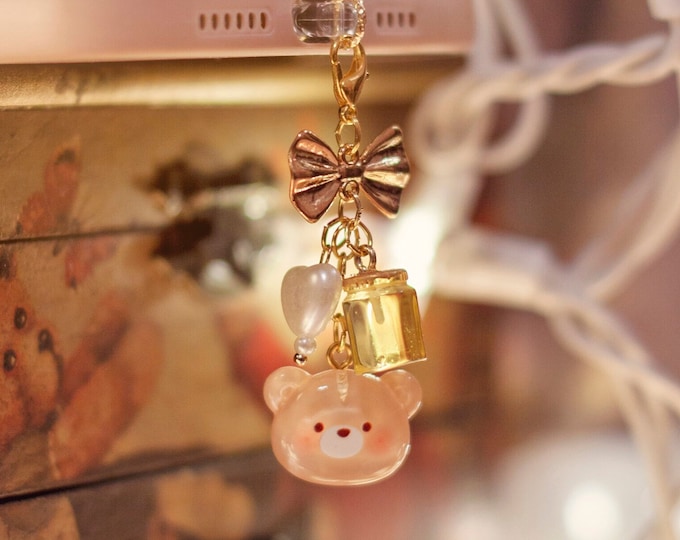 Kawaii Honey Bear Phone Charm - Cute Teddy Dust Plug for iPhone  USB-C - Cozy Gamer Desk Aesthetic Accessory - Kindle & Switch 2 Charm Gift