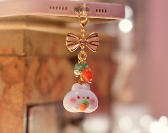 Kawaii Carrot Rabbit, Cute Bunny Charm, Headphone Jack Dust Plug, USB C Dust Plug, iPhone Dust Plug, Cute Keychain, Cute Cellphone Charm