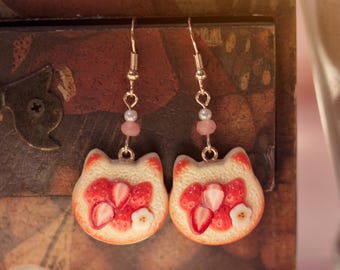 Kawaii Strawberry Neko Bread Earrings, Dessert earrings, strawberry jam earrings, japanese cat earrings