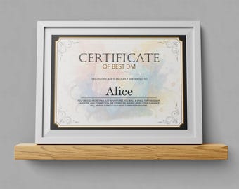 DnD Custom DM Certificate of Excellence, Personalized Dungeon Master Thank You Gift, Digital Download, D&D Birthday