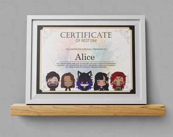 5 Party DnD Custom DM Certificate of Excellence, Personalized Dungeon Master Thank You Gift, Digital Download, D&D Birthday