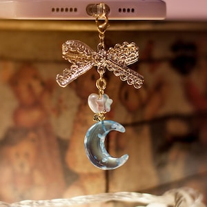Kawaii Blue Cloud Moon Charm, Headphone Jack, USB C Dust Plug, iPhone Dust Plug, Cute Keychain, Cute Cellphone Charm, Cute Gift