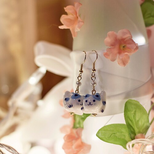 Kawaii Blue Flying Neko Earrings, porcelain cute cat & pearl earrings, lucky cat earrings, japanese cat earrings