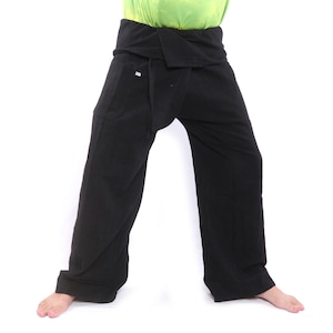 May include: Black Thai Fisherman pants with a wide leg and a wrap-around waistband.