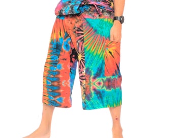 Short Thai Wrap Fisherman Pants Tie Dye Unique Multicolor Freesize