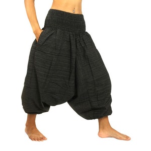 Women's Harem Capri Pants - Wide Legs, Drop Crotch, Baggy Style,  High smocked Waist Aladdin Style Genie Pants Cotton Mix