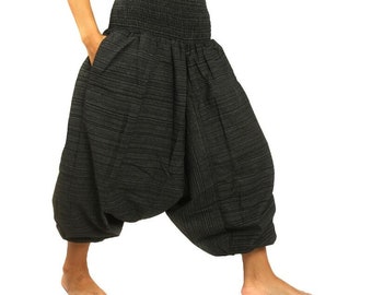 Women's Harem Capri Pants - Wide Legs, Drop Crotch, Baggy Style,  High smocked Waist Aladdin Style Genie Pants Cotton Mix