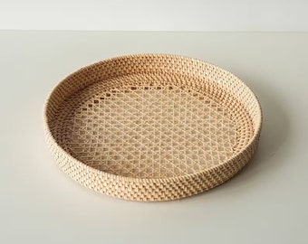 Natural Round Rattan Webbing Tray, Coffee Table Tray, Ottoman Tray, Wicker Boho Serving Tray For Table