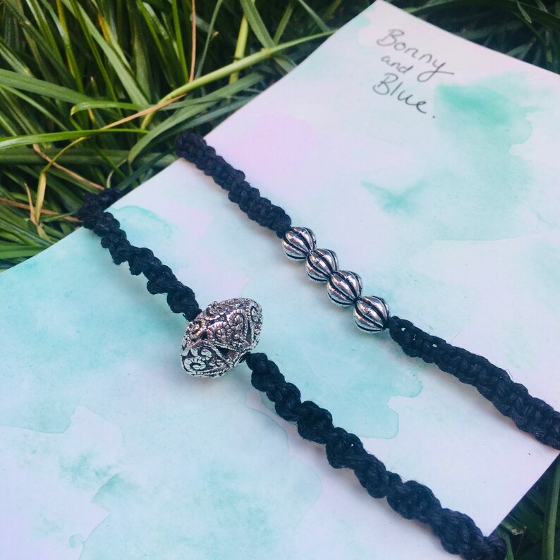 silver Anklets gift body jewelery beads black hemp thread summer boho macrame friendship festival set of 2