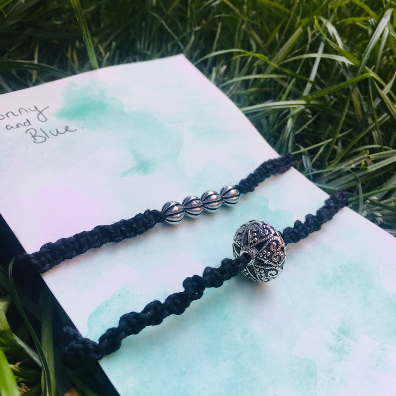 silver Anklets gift body jewelery beads black hemp thread summer boho macrame friendship festival set of 2