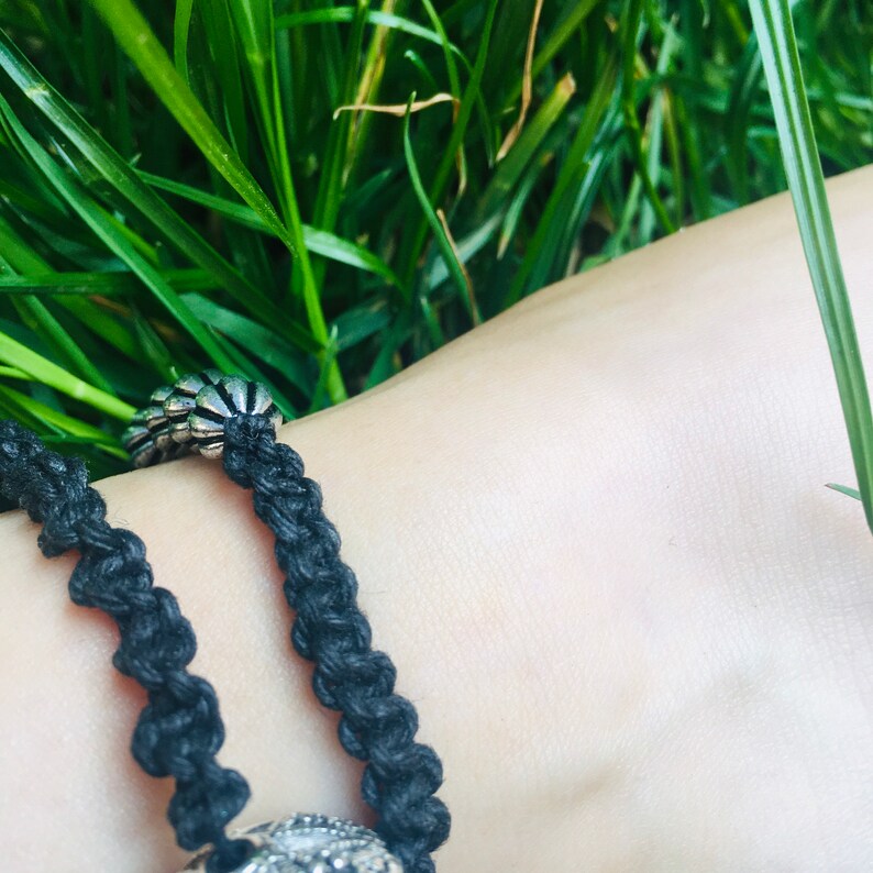 silver Anklets gift body jewelery beads black hemp thread summer boho macrame friendship festival set of 2
