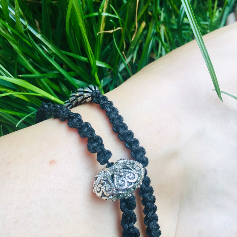 silver Anklets gift body jewelery beads black hemp thread summer boho macrame friendship festival set of 2