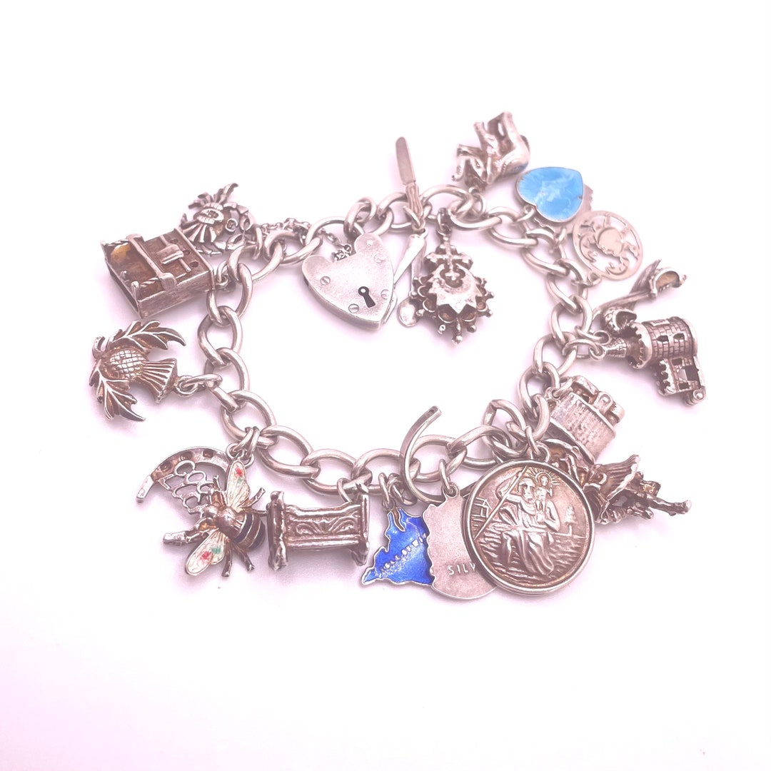 Vintage Silver Charm Bracelet Heart Padlock Silver Bracelet Etsy