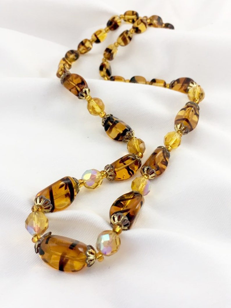 glass bead necklace vintage glass bead Venetian glass beads vintage amber jewellery faux Amber tiger stripe Amber glass bead necklace