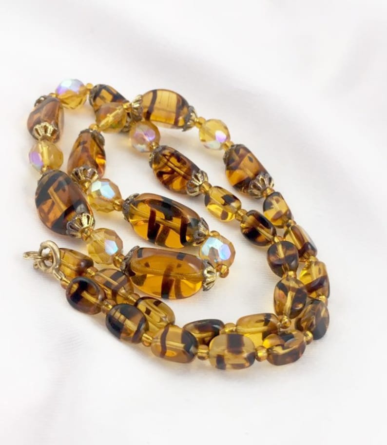 glass bead necklace vintage glass bead Venetian glass beads vintage amber jewellery faux Amber tiger stripe Amber glass bead necklace