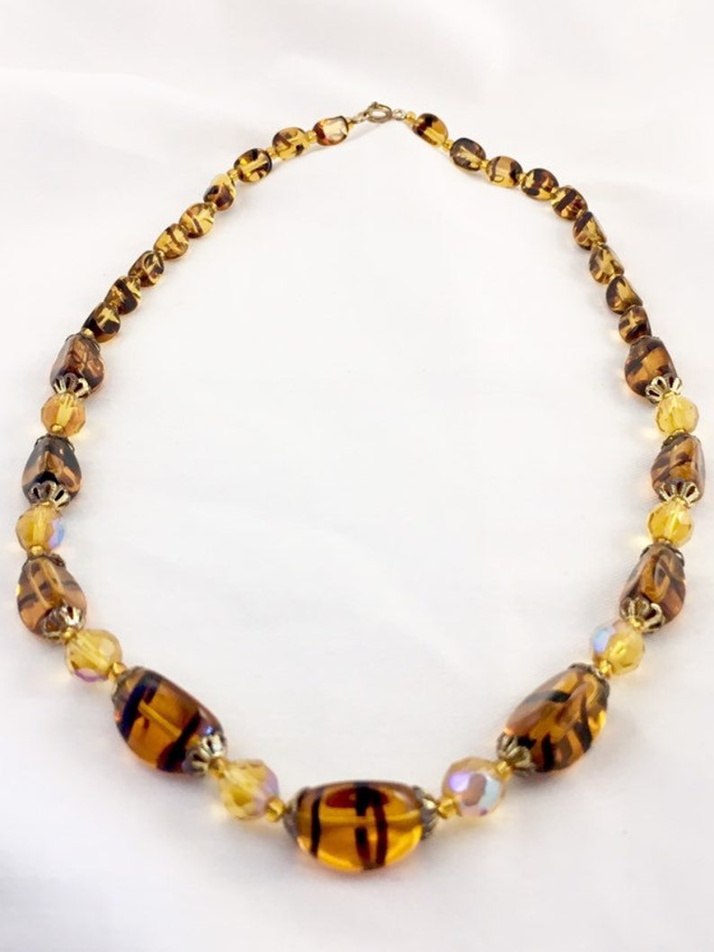 glass bead necklace vintage glass bead Venetian glass beads vintage amber jewellery faux Amber tiger stripe Amber glass bead necklace