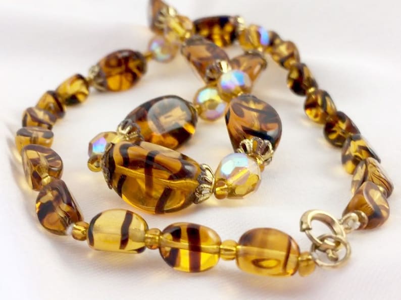 glass bead necklace vintage glass bead Venetian glass beads vintage amber jewellery faux Amber tiger stripe Amber glass bead necklace