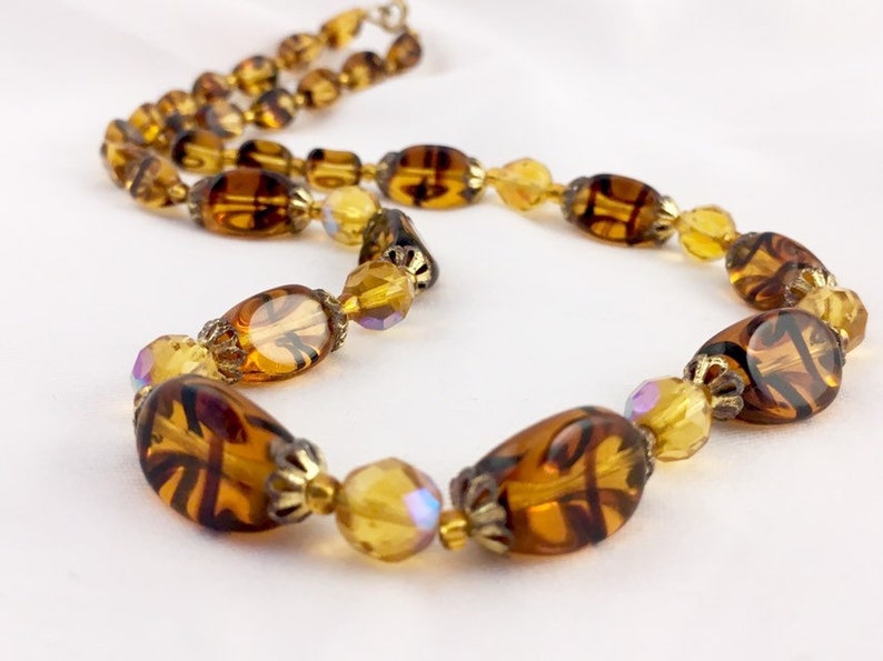 glass bead necklace vintage glass bead Venetian glass beads vintage amber jewellery faux Amber tiger stripe Amber glass bead necklace