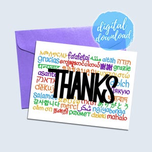 May include: A white greeting card featuring the word THANKS in large black letters centered over a background of the word thank you written in many different languages and colors, accompanied by a purple envelope and a blue digital download circle.
