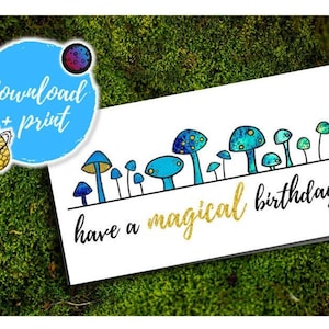 Biglietto d'auguri con funghi magici / Buon compleanno magico / Scarica e stampa