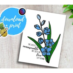 Carte florale bleue de condoléances de glaïeul | Carte de sympathie et de perte | Carte de chagrin floral dessiné à la main | Carte funéraire | Télécharger et imprimer