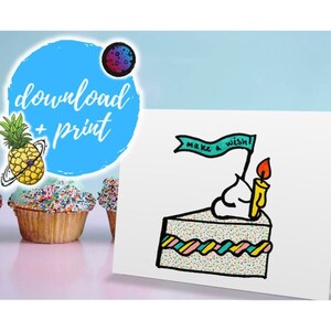 faça um cartão de aniversário do desejo | Cartão do bolo de aniversário das bolinhas | Cartão de aniversário original divertido | Desenhado à mão | Imprimível | Download instantâneo
