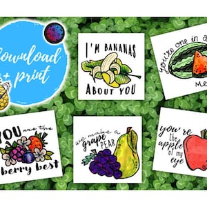 Fruit Wortspiele Mini Karten Set | Liebe Mini Karten | Freundschaft Mini Karten Set | Lustige Mini Karten | Herunterladen und Drucken