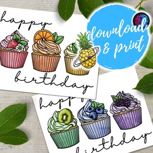 Bunte Cupcakes Geburtstagskarten | 2er Set Kuchenkarten | Alles Gute zum Geburtstag Karte | Handgezeichnet | Druckbar | Sofort Download