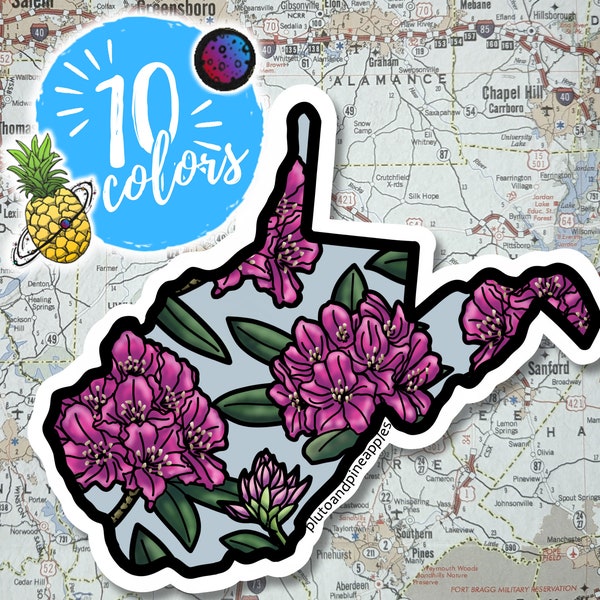 West Virginia State Flower Sticker | Souvenir & Travel Sticker | Floral Hand Drawn Design | Rhododendron WV Sticker | State Outline | Vinyl