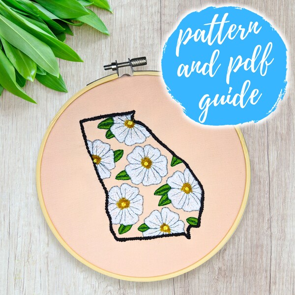 Georgia State Embroidery Pattern | GA State Flower Hand Embroidery Pattern | Cherokee Rose Floral Design | Digital Download PDF