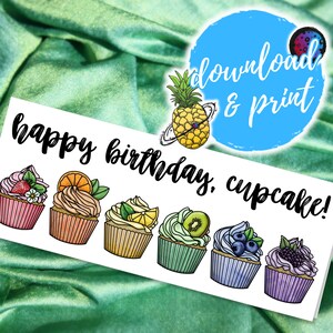 Alles Gute zum Geburtstag Cupcake Karte | Regenbogen Obst Cupcake Karte | Lustiges Wortspiel Geburtstagskarte | Hand gezeichnetes Design | Sofort Download